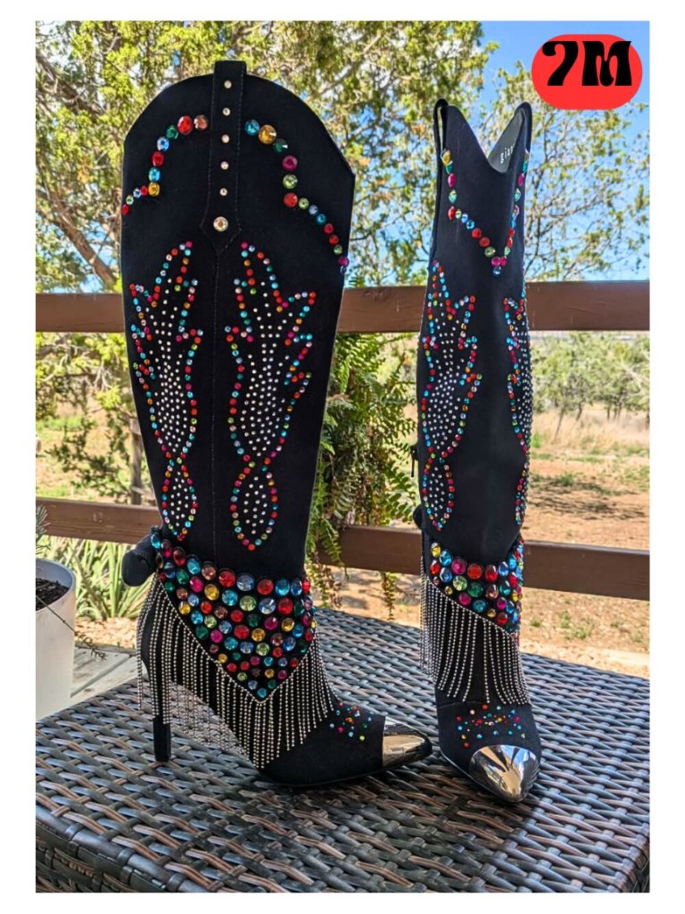 2024 Gianni Bini Kaitrin Rhinestone Fringe Denim Western Cowgirl Heeled Boots 7